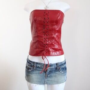 y2k danier red leather corset top lace up size S/M